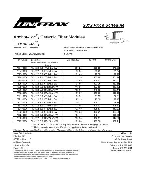 2012 Price Schedule Anchor-Loc 2 Ceramic Fiber Modules ... - Unifrax