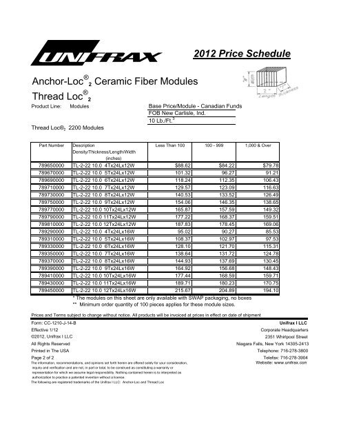 2012 Price Schedule Anchor-Loc 2 Ceramic Fiber Modules ... - Unifrax