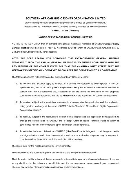 EGM Notice & Proposed Constitution - samro