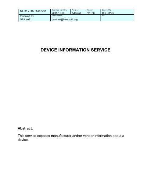 device information service - Bluetooth Development Portal