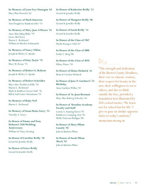 2009-2010 HONOR ROLL OF DONORS - Ursuline Academy