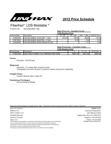 2012 Price Schedule Fiberfrax® LDS Moldable ® - Unifrax