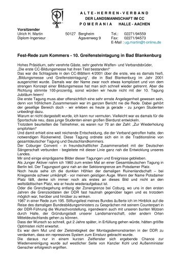 Fest-Rede zum Kommers - 10. Greifensteintagung in Bad Blankenburg