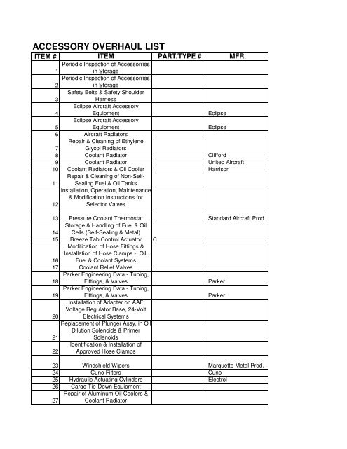 Accessory Overhaul List Thomson S Aviation Manuals