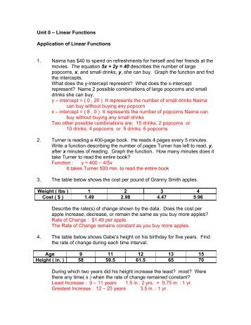 Application of Linear Functions Answer Key