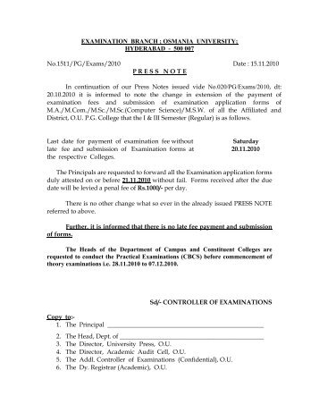 EXAMINATION BRANCH ; OSMANIA UNIVERSITY; HYDERABAD ...