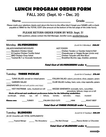 Student Lunch Order Form