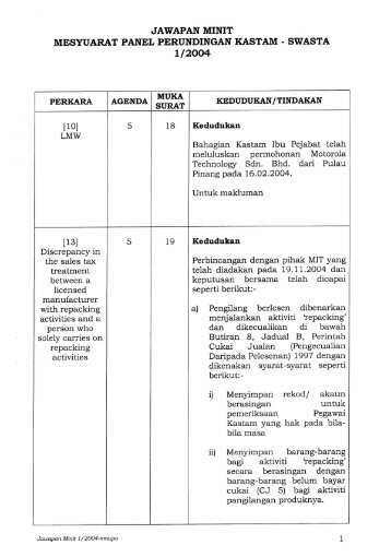 jawapan minit mesyuarat panel perundingan kastam - swasta