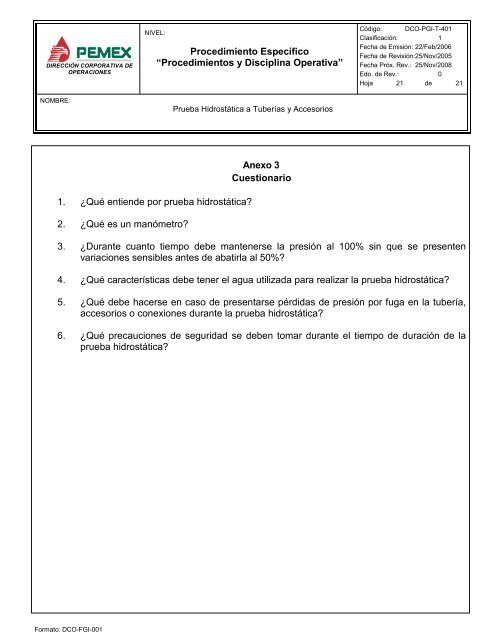 PRUEBA HIDROSTÃTICA A TUBERÃAS Y ACCESORIOS - PEMEX ...