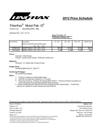 2012 Price Schedule Fiberfrax Moist Pak -D - Unifrax