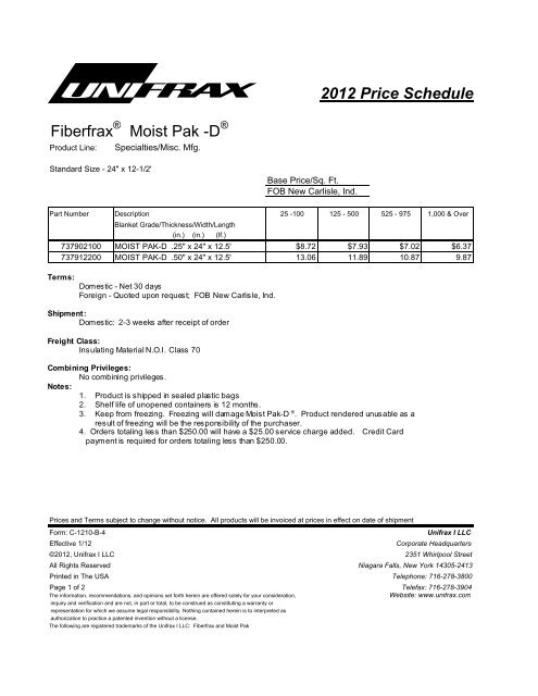 2012 Price Schedule Fiberfrax Moist Pak -D - Unifrax