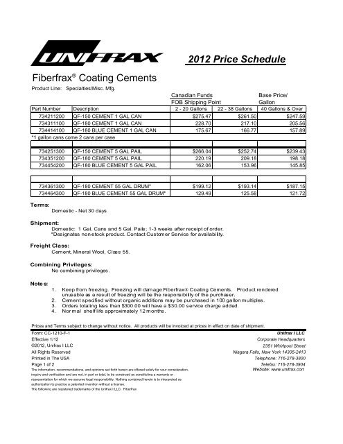 2012 Price Schedule Fiberfrax® Coating Cements - Unifrax