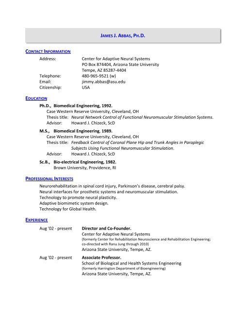 Biomedical Engineering Asu Major Map View Cv - Center For Adaptive Neural Systems - Arizona State ...
