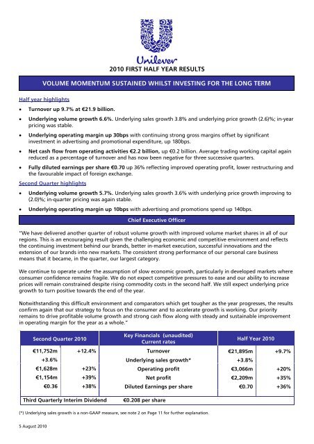 2010 first half year results volume momentum sustained - Unilever