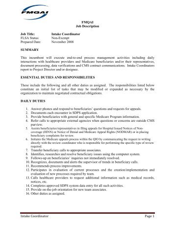 Intake Coordinator Page 1 FMQAI Job Description Job Title: Intake ...