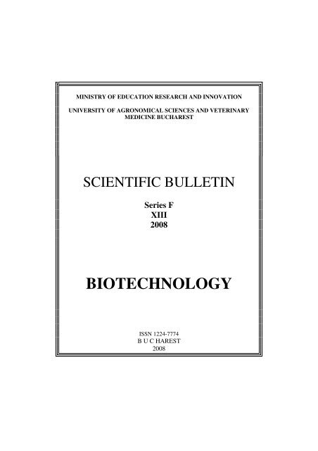 New Researches in Biotechnology - Facultatea de Biotehnologii