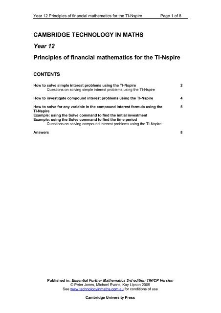 CAMBRIDGE TECHNOLOGY IN MATHS Year 12 Principles of ...