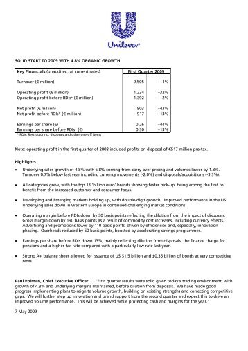 SOLID START TO 2009 WITH 4.8% ORGANIC GROWTH ... - Unilever