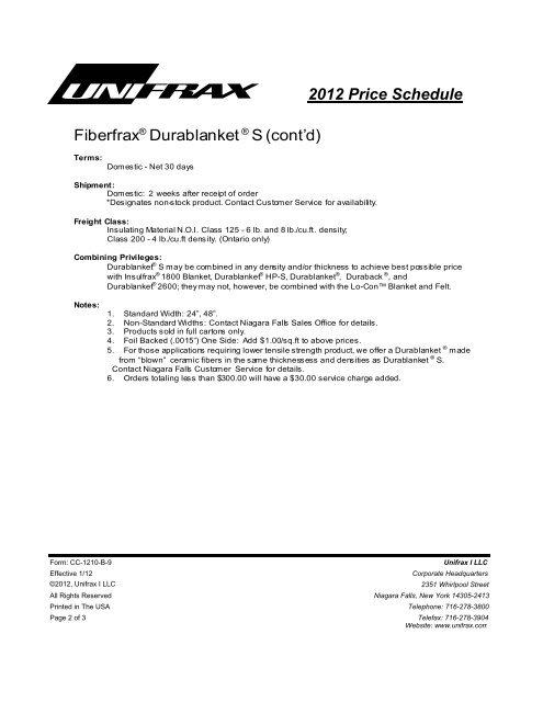 2012 Price Schedule Fiberfrax® Durablanket ® S - Unifrax