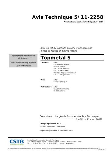 Avis Technique 5/11-2258 Topmetal S - Axter