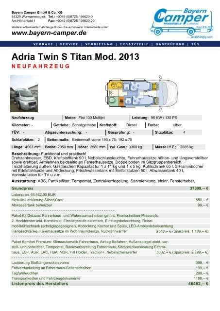 Adria Twin S Titan Mod. 2013 NEUFAHRZEUG - Bayern-Camper