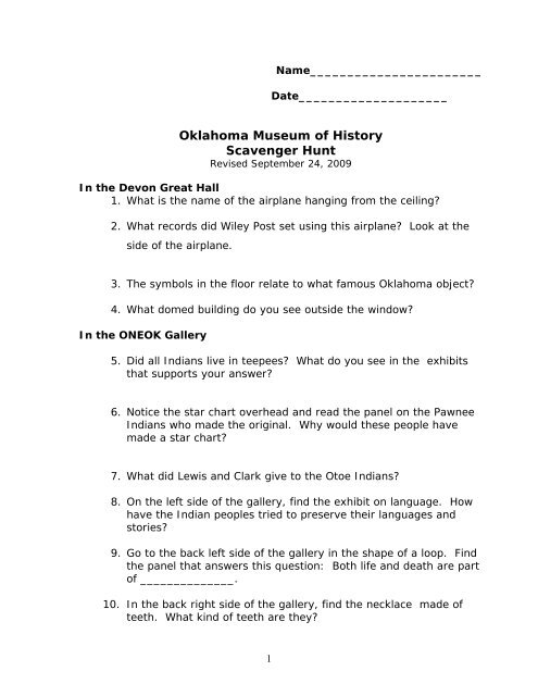 Oklahoma Museum of History Scavenger Hunt - Oklahoma Historical ...