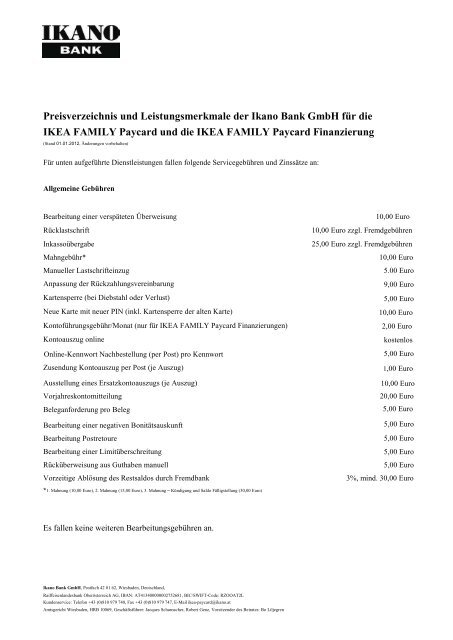 Preisverzeichnis und Leistungsmerkmale der Ikano Bank GmbH fÃ¼r ...
