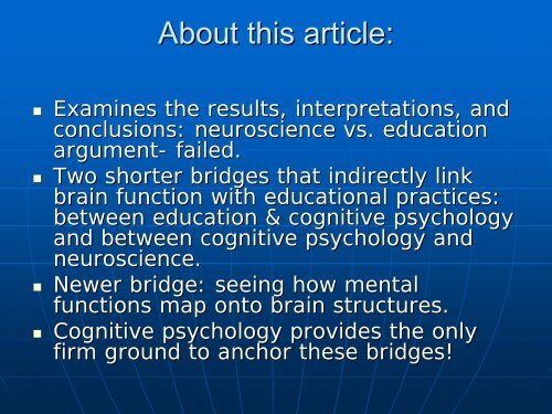 Education and the Brain: A Bridge Too Far John T. Bruer - Fordham ...