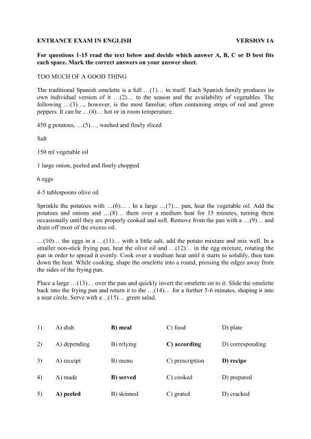 ENTRANCE EXAM IN ENGLISH VERSION 1A For questions 1-15 ...