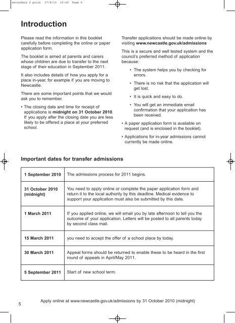 Admission to Newcastle secondary schools 2011 - Newcastle City ...