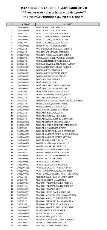 LISTA 1ER GRUPO CARNET UNIVERSITARIO 2012 II ** Alumnos ...