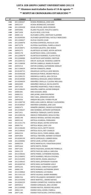 LISTA 1ER GRUPO CARNET UNIVERSITARIO 2012 II ** Alumnos ...