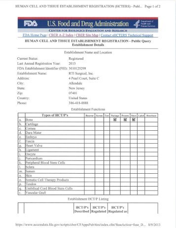 HUMAN CELL AND TISSUE ESTABLISHMENT REGISTRATION - RTI