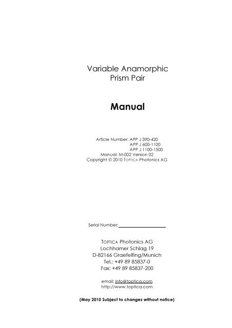 Variable Anamorphic Prism Pair Manual - Toptica