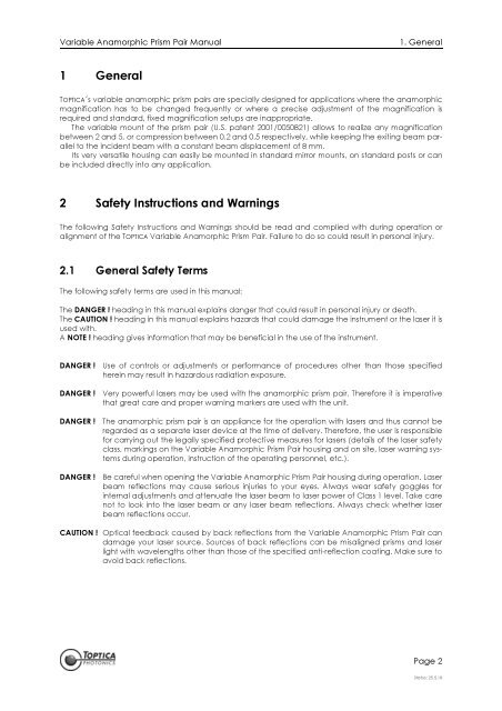 Variable Anamorphic Prism Pair Manual - Toptica