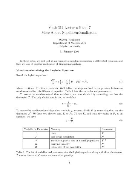 Nondimensionalize the logistic equation - Department of Mathematics