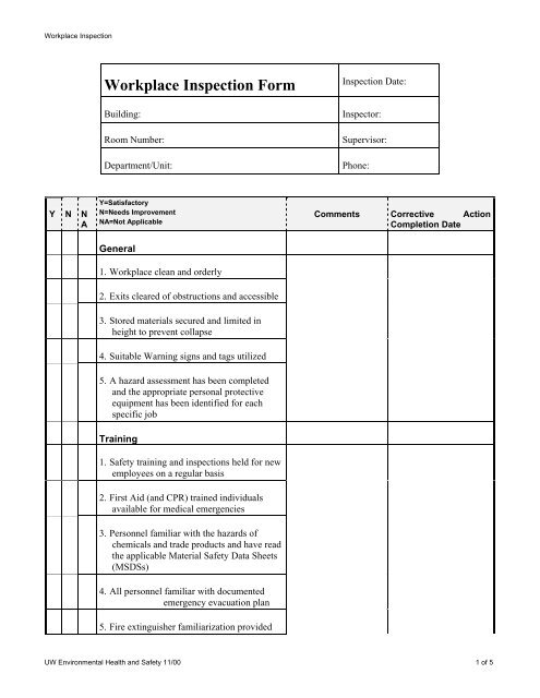 Workplace Inspection Form - Environmental Health and Safety