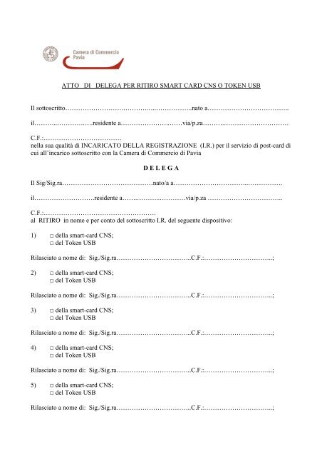Atto Di Delega Per Ritiro Smart Card Cns O Token Usb