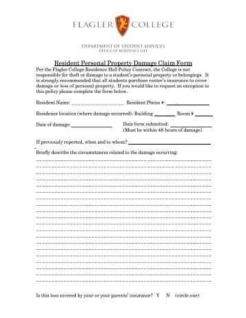 Resident Personal Property Damage Claim Form - Flagler College