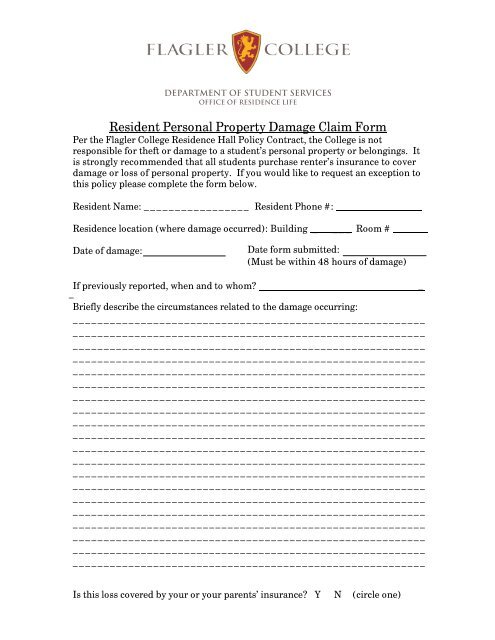 Resident Personal Property Damage Claim Form - Flagler College