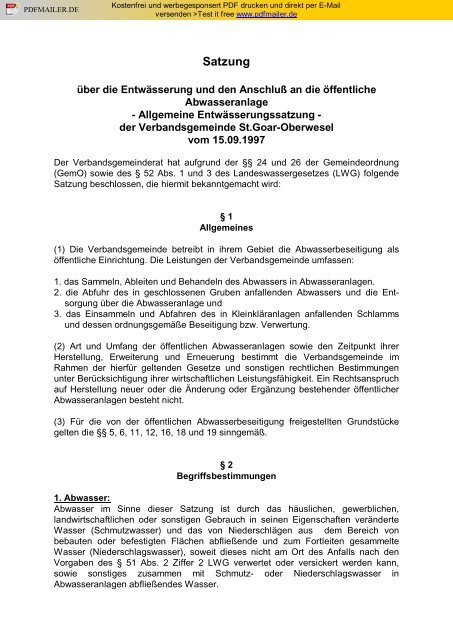 Allgemeine Entwa Sserungssatzung Verbandsgemeinde St Goar