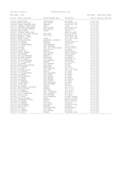 area office wani neis no name of employ - Western Coalfields Limited