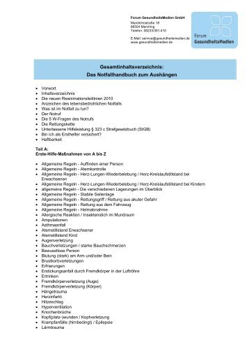 Notfallhandbuch zum Aushängen - Inhaltsverzeichnis