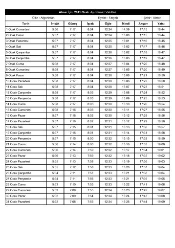 Almar Ä°Ã§in 2011 Ocak AyÄ± Namaz Vakitleri Ãœlke : Afganistan Eyalet ...