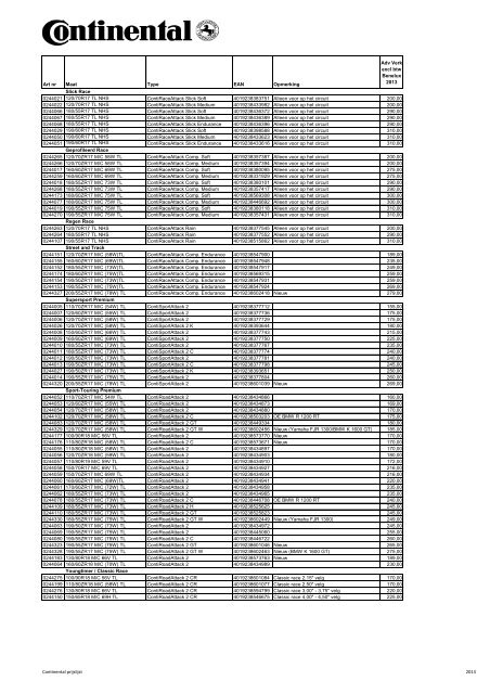 Art nr Maat Type EAN Opmerking Adv Verk excl btw ... - Continental