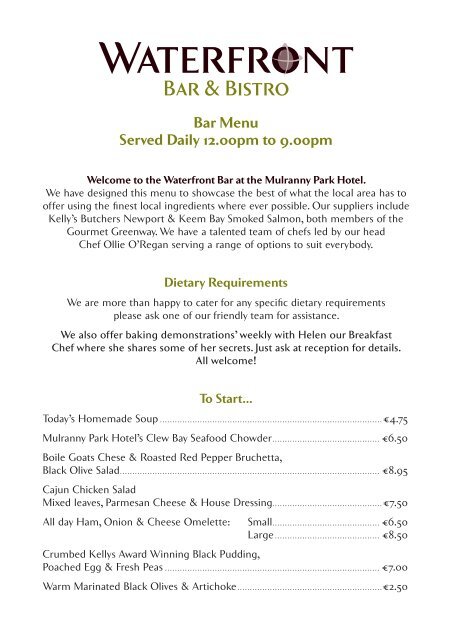 Bar Menu Served Daily 12.00pm to 9.00pm - Mulranny Park Hotel