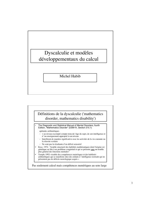 Dyscalculie et modÃ¨les dÃ©veloppementaux du calcul - Resodys