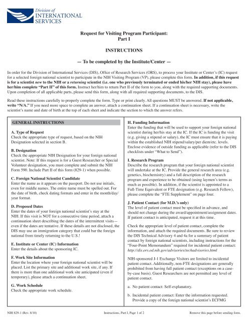 NIH Form 829 Parts 1 and 2 - NIH Division of International 
