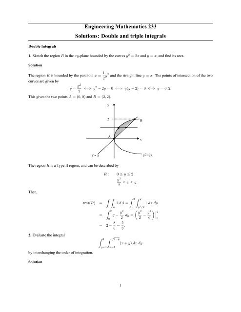 Engineering Mathematics 233 Solutions: Double and triple integrals