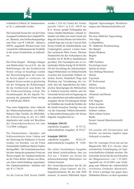 Gemeindeblatt der Sextner MÃƒÂ¤rz 2004 - Nr. 53 Teil 01 (ca. 500 kb)